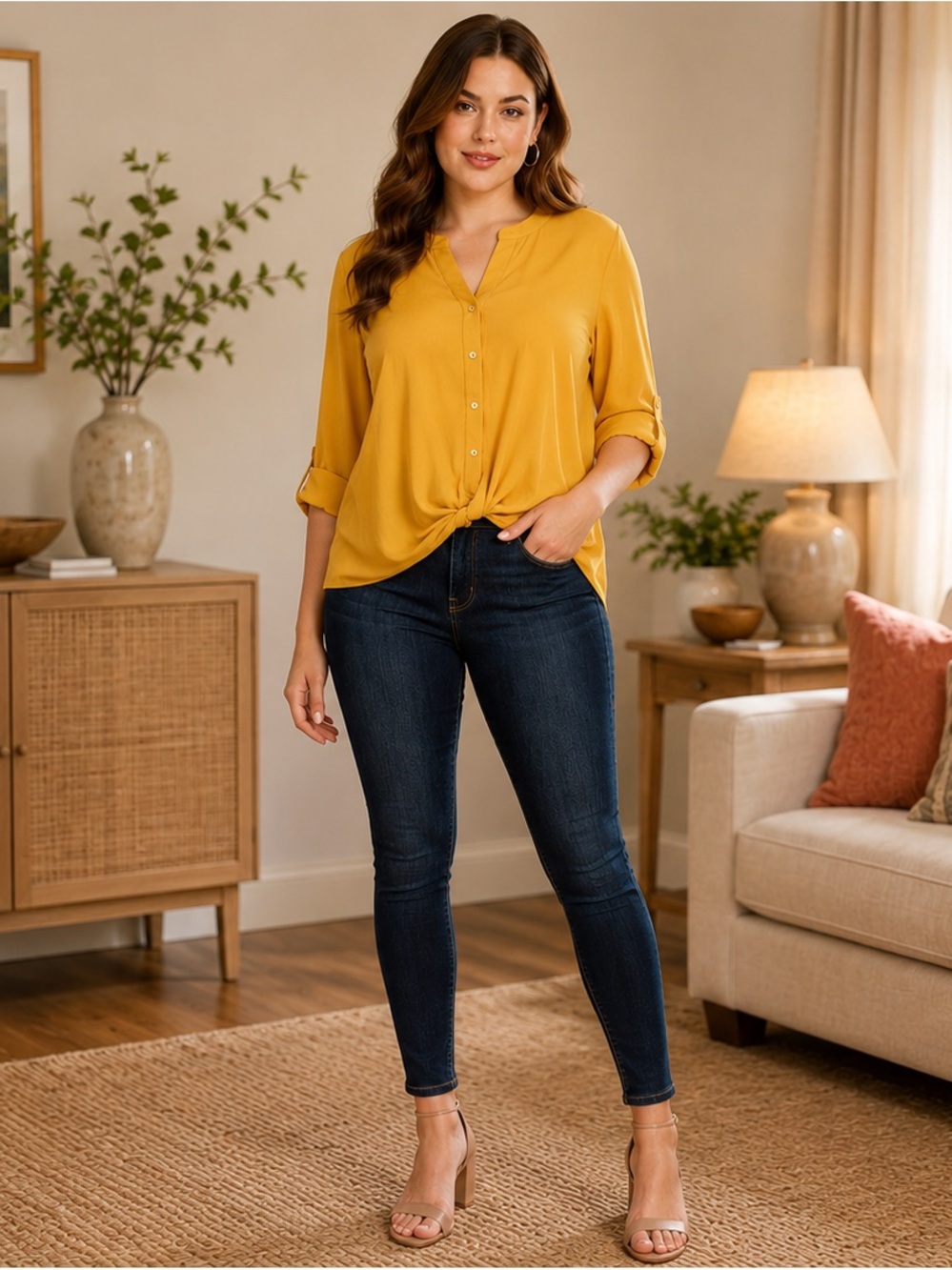 JM Collection Mustard Yellow Button-Front Blouse • Size 1X